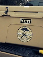 Spotted Hogman Outdoors logo on Yeti cooler at Ranch in Sheridan, Texas